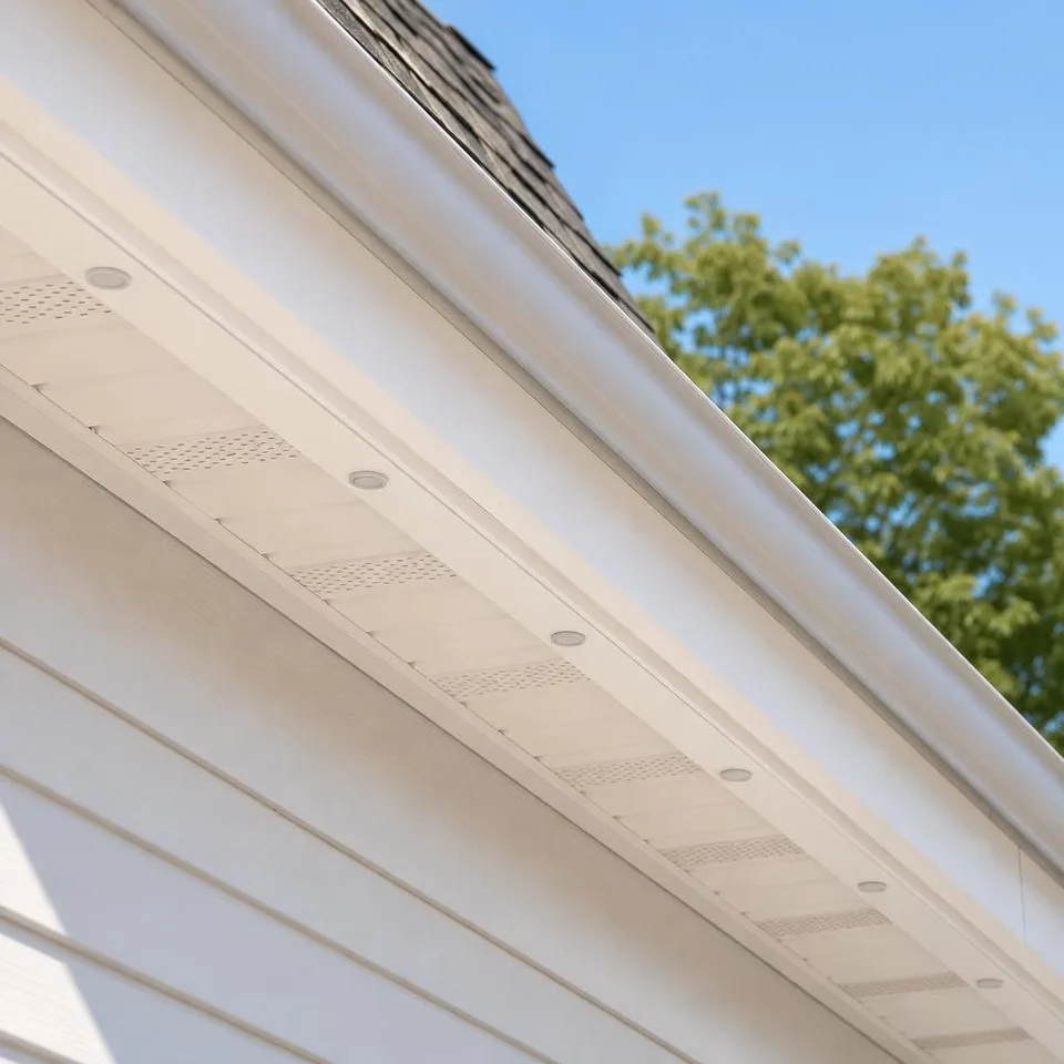 AI-generated illustration of a slim white lighting channel with small downward-facing LED lenses beneath a roof edge in daylight.