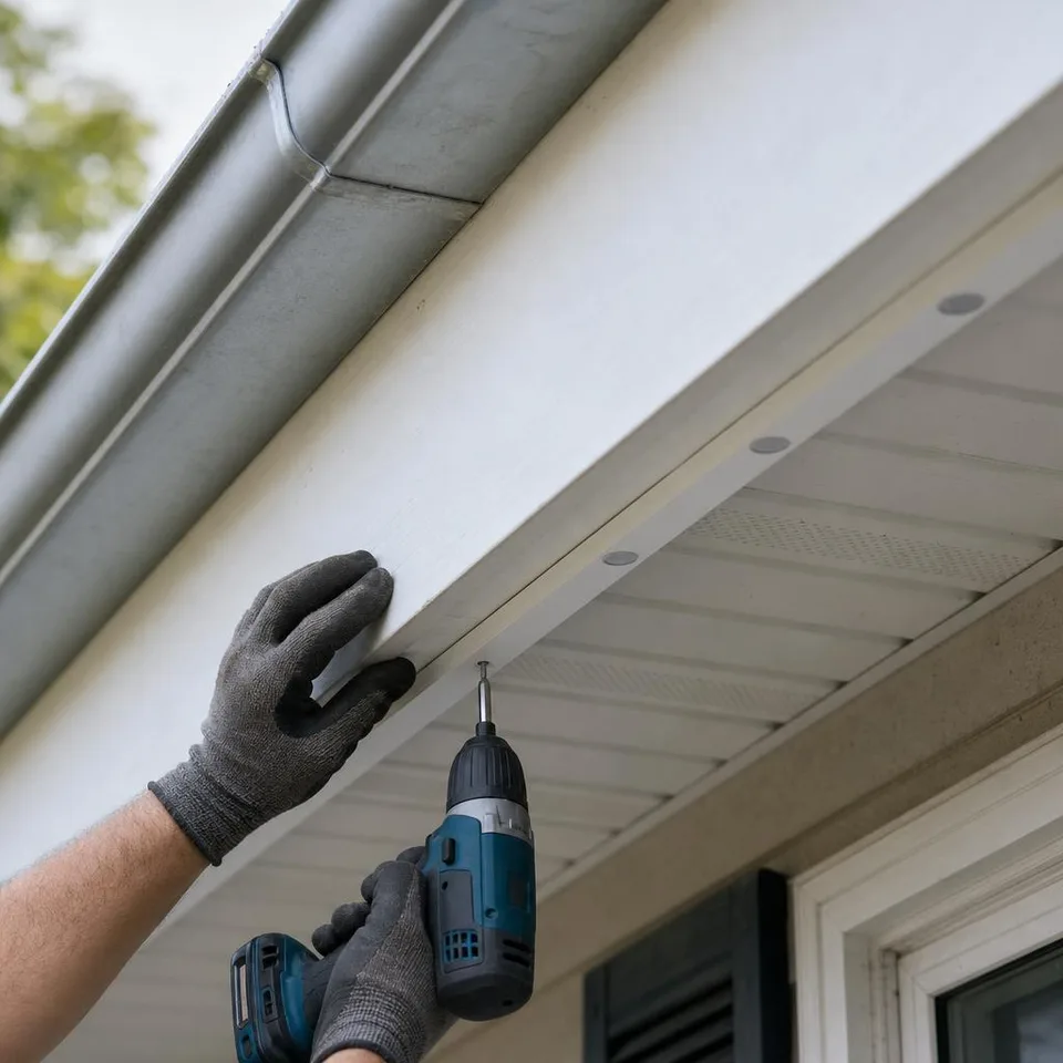 AI-generated illustration of gloved hands fastening a permanent lighting channel beneath the fascia with a cordless screwdriver.